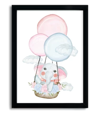 4149g quadro decorativo infantil elefantinho com balões moldura preta