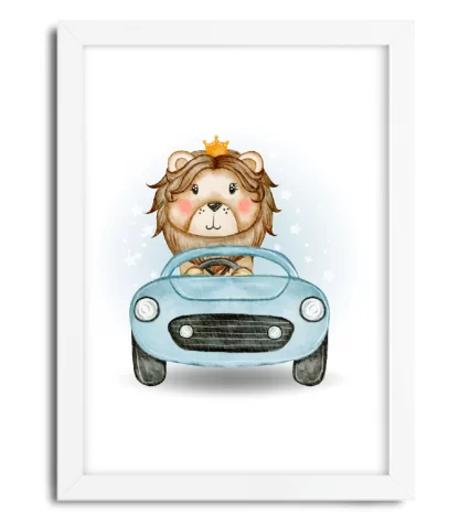 4153g quadro decorativo infantil rei leão em carrinho azul moldura branca