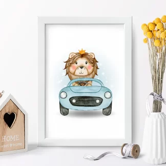 4153g quadro decorativo infantil rei leão em carrinho azul realista