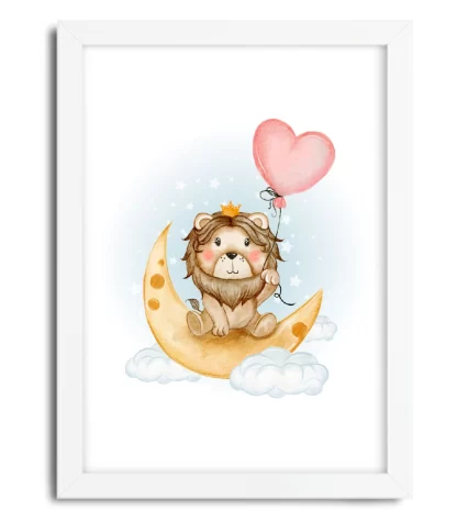 4159g quadro decorativo infantil rei leão na lua com balão moldura branca