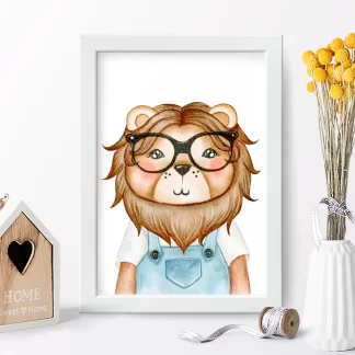 4161g quadro decorativo infantil leãozinho nerd realista