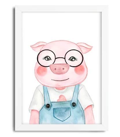 4163g quadro decorativo infantil retrato do porquinho moldura branca