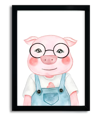 4163g quadro decorativo infantil retrato do porquinho moldura preta