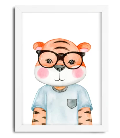 4165g quadro decorativo infantil tigrinho de óculos moldura branca