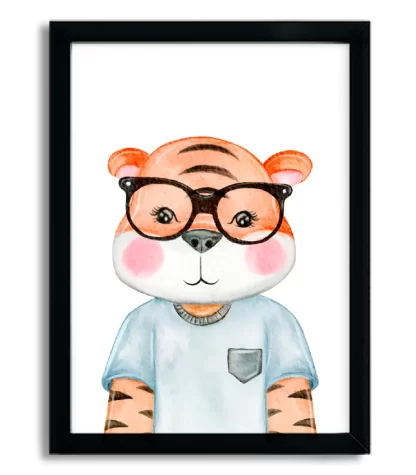 4165g quadro decorativo infantil tigrinho de óculos moldura preta