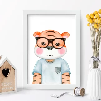 4165g quadro decorativo infantil tigrinho de óculos realista