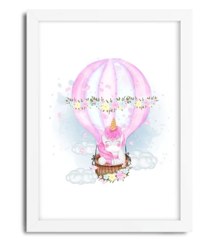 4167g quadro decorativo infantil unicórnio em balão e nuvens moldura branca