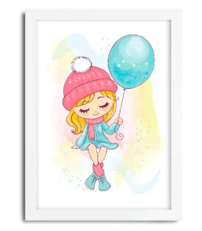 4170g quadro decorativo infantil menina com balão azul moldura branca