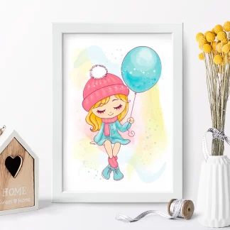 4170g quadro decorativo infantil menina com balão azul realista