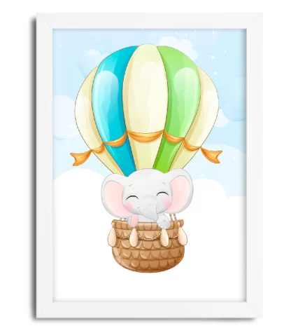 4175g quadro decorativo infantil elefantinho em balão colorido moldura branca