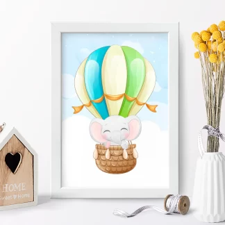 4175g quadro decorativo infantil elefantinho em balão colorido realista