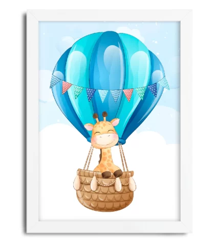 4175g2 quadro decorativo infantil girafinha em balão azul moldura branca