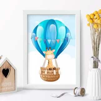 4175g2 quadro decorativo infantil girafinha em balão azul realista