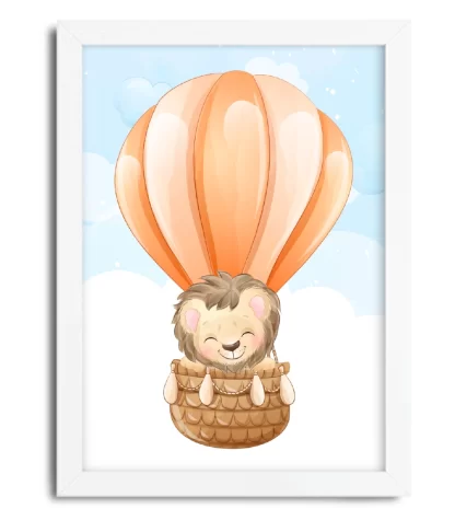 4175g3 quadro decorativo infantil leãozinho em balão laranja moldura branca
