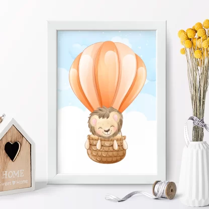4175g3 quadro decorativo infantil leãozinho em balão laranja realista