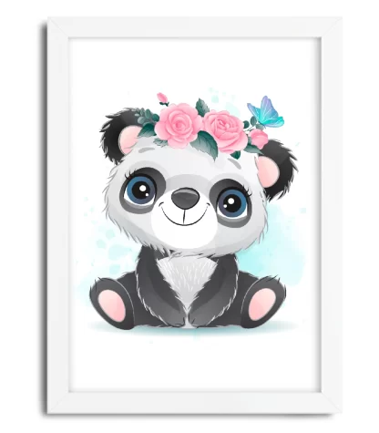 4177g quadro decorativo infantil ursinho panda com flores moldura branca