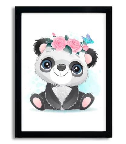 4177g quadro decorativo infantil ursinho panda com flores moldura preta