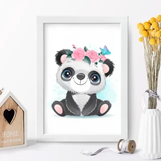 4177g quadro decorativo infantil ursinho panda com flores realista