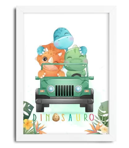4180g quadro decorativo infantil dinossauros em jeep verde moldura branca