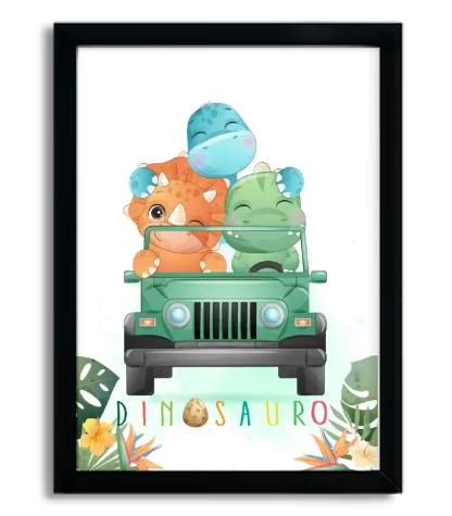 4180g quadro decorativo infantil dinossauros em jeep verde moldura preta