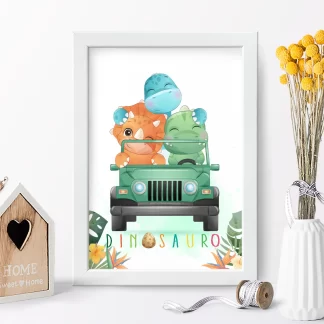 4180g quadro decorativo infantil dinossauros em jeep verde realista