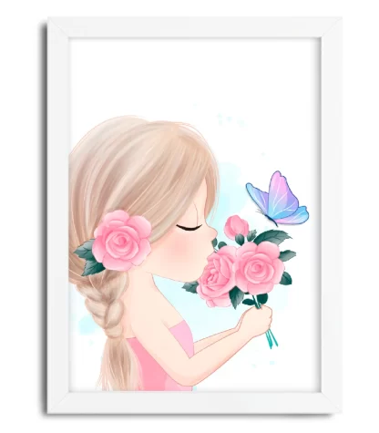 4186g quadro decorativo infantil menina com rosas e borboleta moldura branca