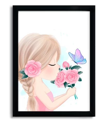 4186g quadro decorativo infantil menina com rosas e borboleta moldura preta