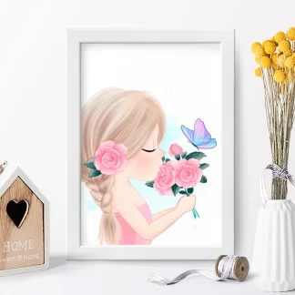 4186g quadro decorativo infantil menina com rosas e borboleta realista