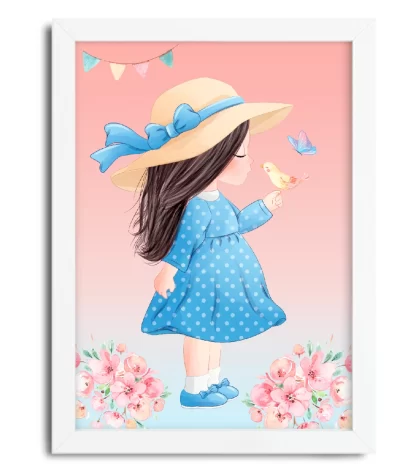 4186g2 quadro decorativo infantil menina segurando passarinho moldura branca