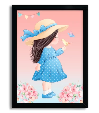 4186g2 quadro decorativo infantil menina segurando passarinho moldura preta