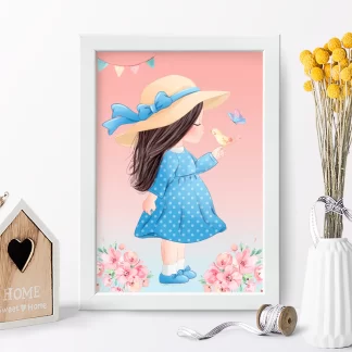 4186g2 quadro decorativo infantil menina segurando passarinho realista