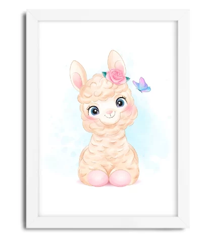 4189g quadro decorativo infantil alpaca com rosa e borboleta moldura branca