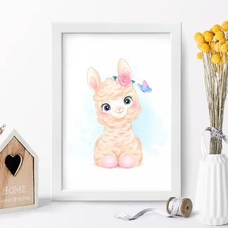 4189g quadro decorativo infantil alpaca com rosa e borboleta realista