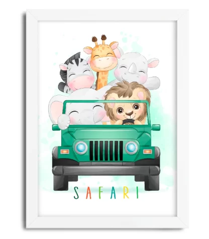4190g quadro decorativo infantil safari em jeep verde moldura branca