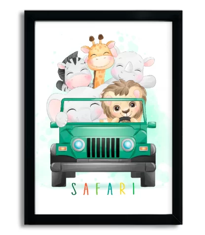4190g quadro decorativo infantil safari em jeep verde moldura preta