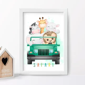 quadro decorativo infantil safari em jeep verde