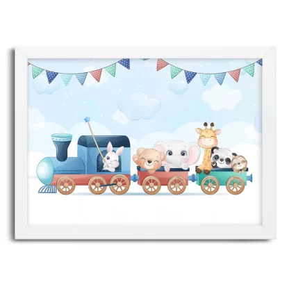 4194g quadro decorativo infantil trenzinho com animais moldura branca