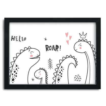 4196g1 quadro decorativo infantil dinossauros hello moldura preta