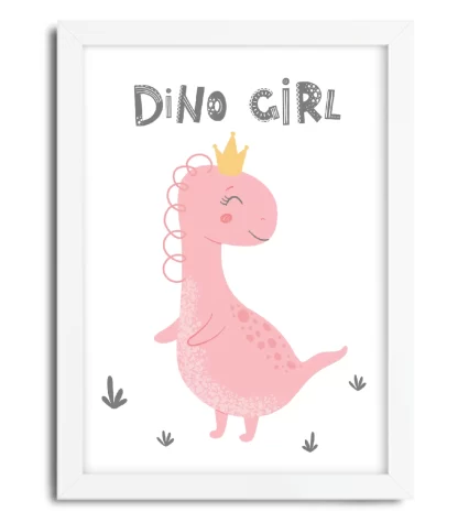 4197g1 quadro decorativo infantil dinossauro dino girl moldura branca