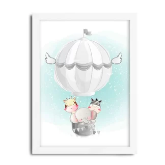 quadro infantil animais em balão moldura branca