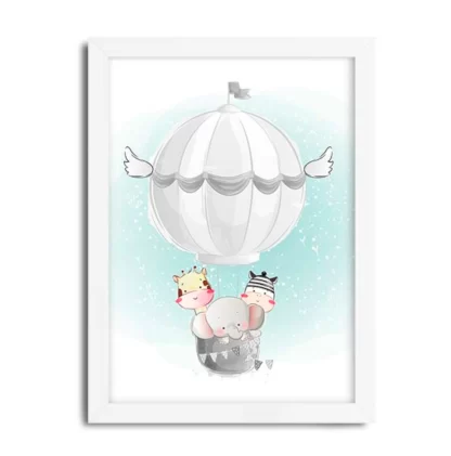 quadro infantil animais em balão moldura branca