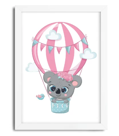 4204g quadro decorativo infantil ursinho coala em balão moldura branca