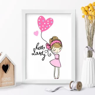 4210g quadro decorativo infantil menina com balão rosa realista
