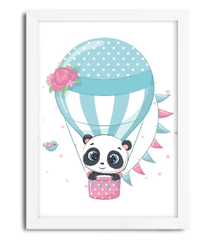 4217g quadro decorativo infantil ursinho panda em balão moldura branca
