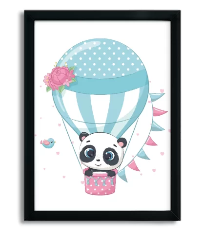 4217g quadro decorativo infantil ursinho panda em balão moldura preta