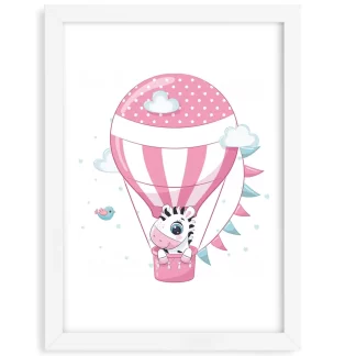 4222g quadro decorativo infantil zebra em balão rosa moldura branca