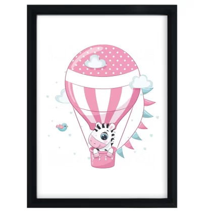 4222g quadro decorativo infantil zebra em balão rosa moldura preta