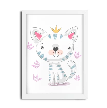 4225g2 quadro decorativo infantil gatinho com coroa moldura branca