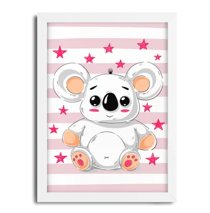 4226g1 quadro decorativo infantil ursinho coala com estrelas rosa moldura branca