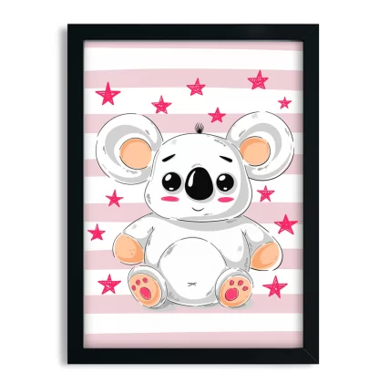 4226g1 quadro decorativo infantil ursinho coala com estrelas rosa moldura preta